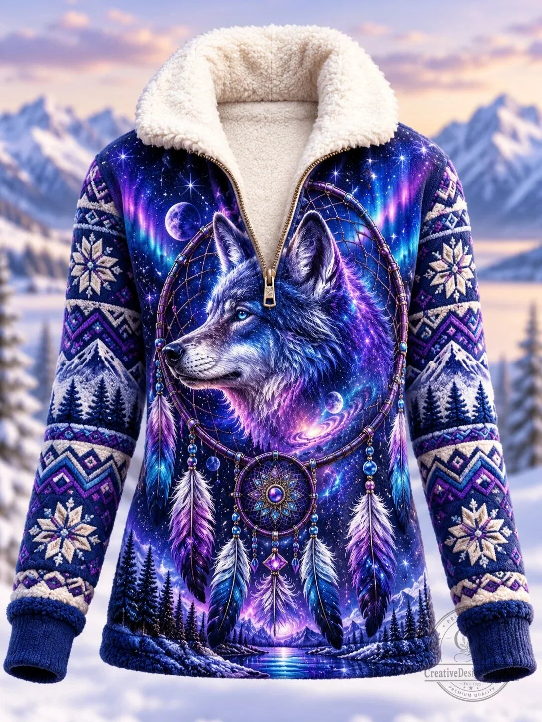 Dreamcatcher Wolf Spirit Animal Winter Sherpa Lined Zip Up Jacket