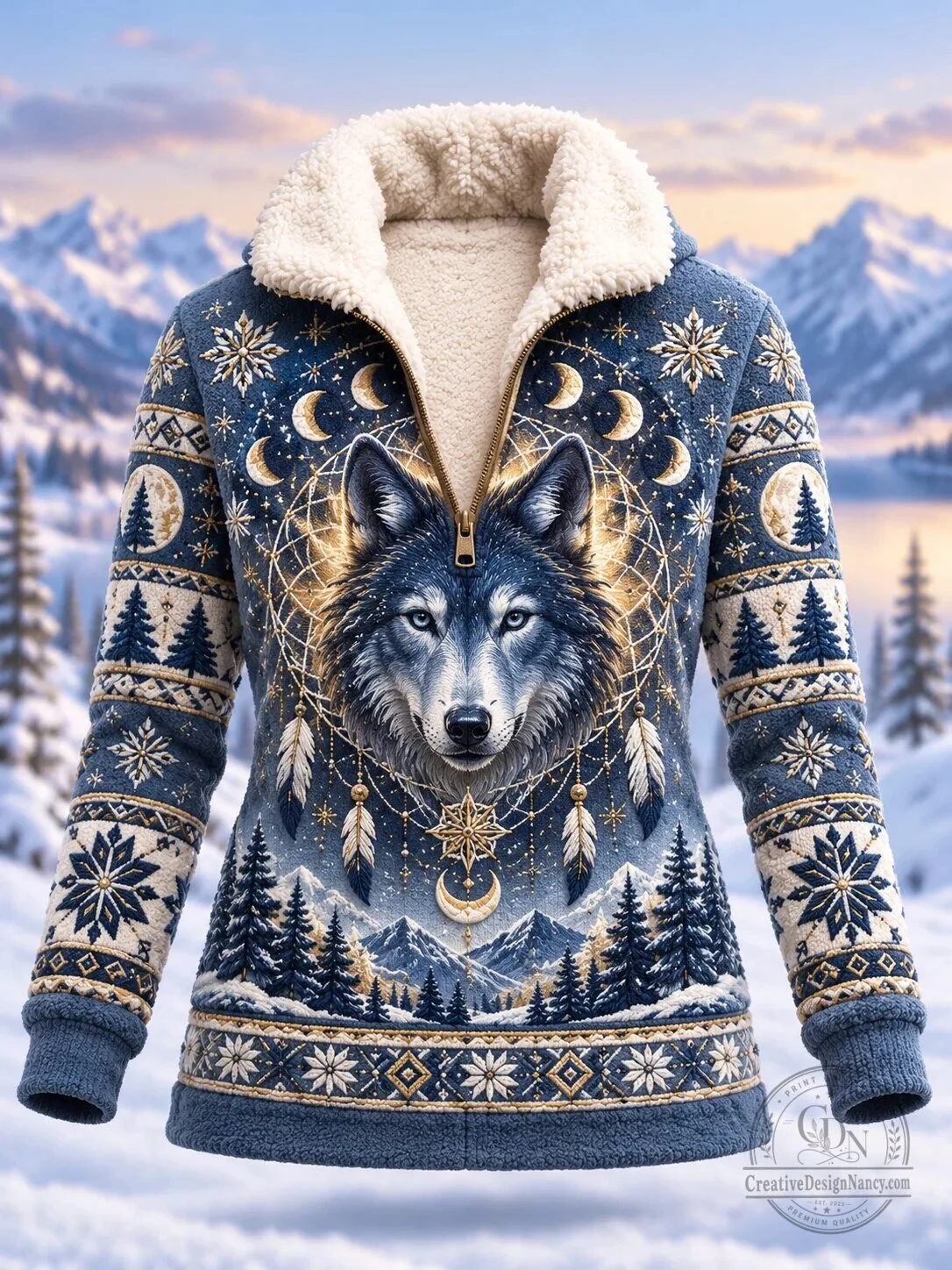 Wolf Dreamcatcher Nordic Pattern Winter Sherpa Lined Zip Up Hoodie