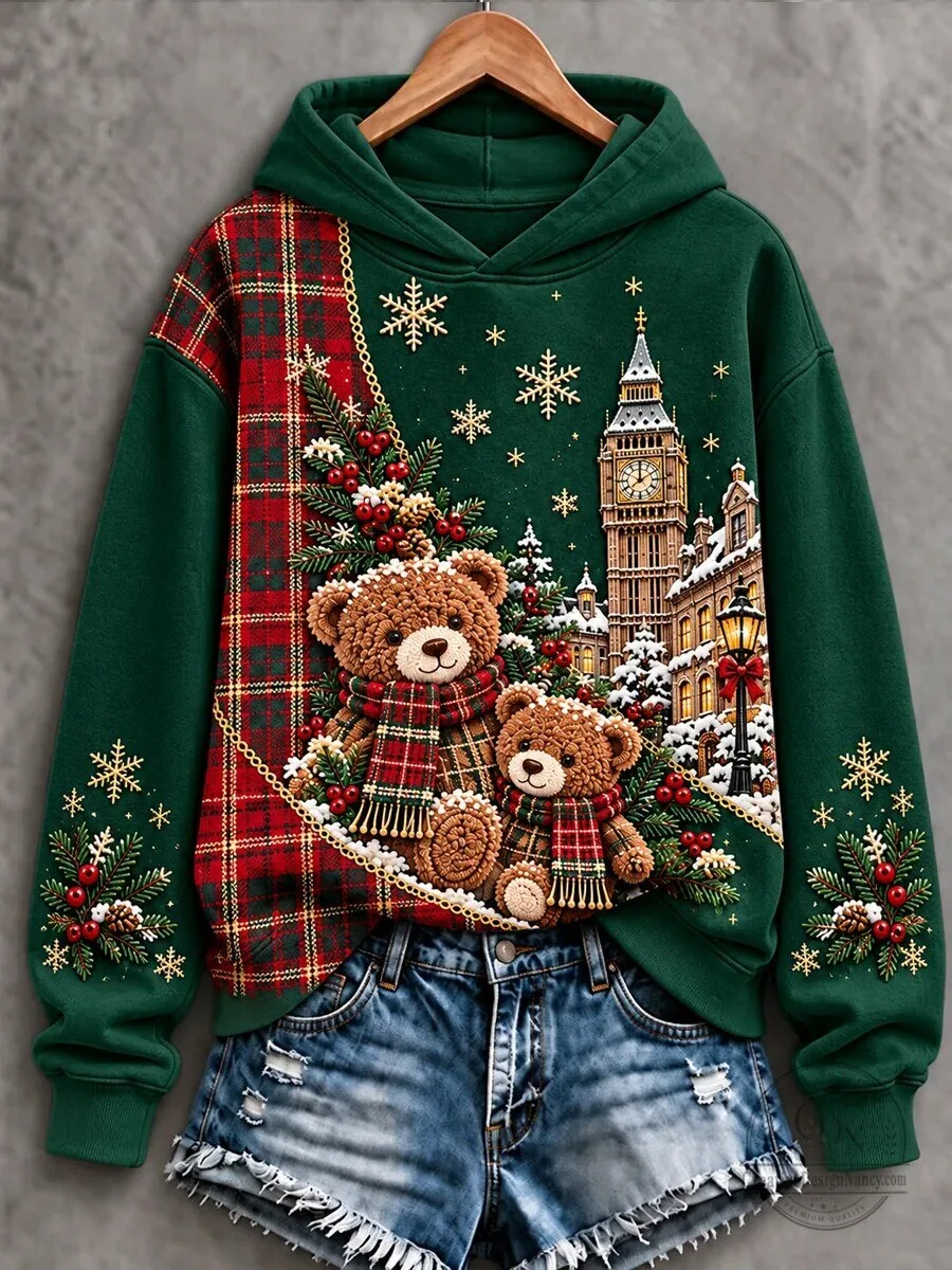 Women's British Christmas Teddy Bear and Big Ben Winter Holiday Hoodie