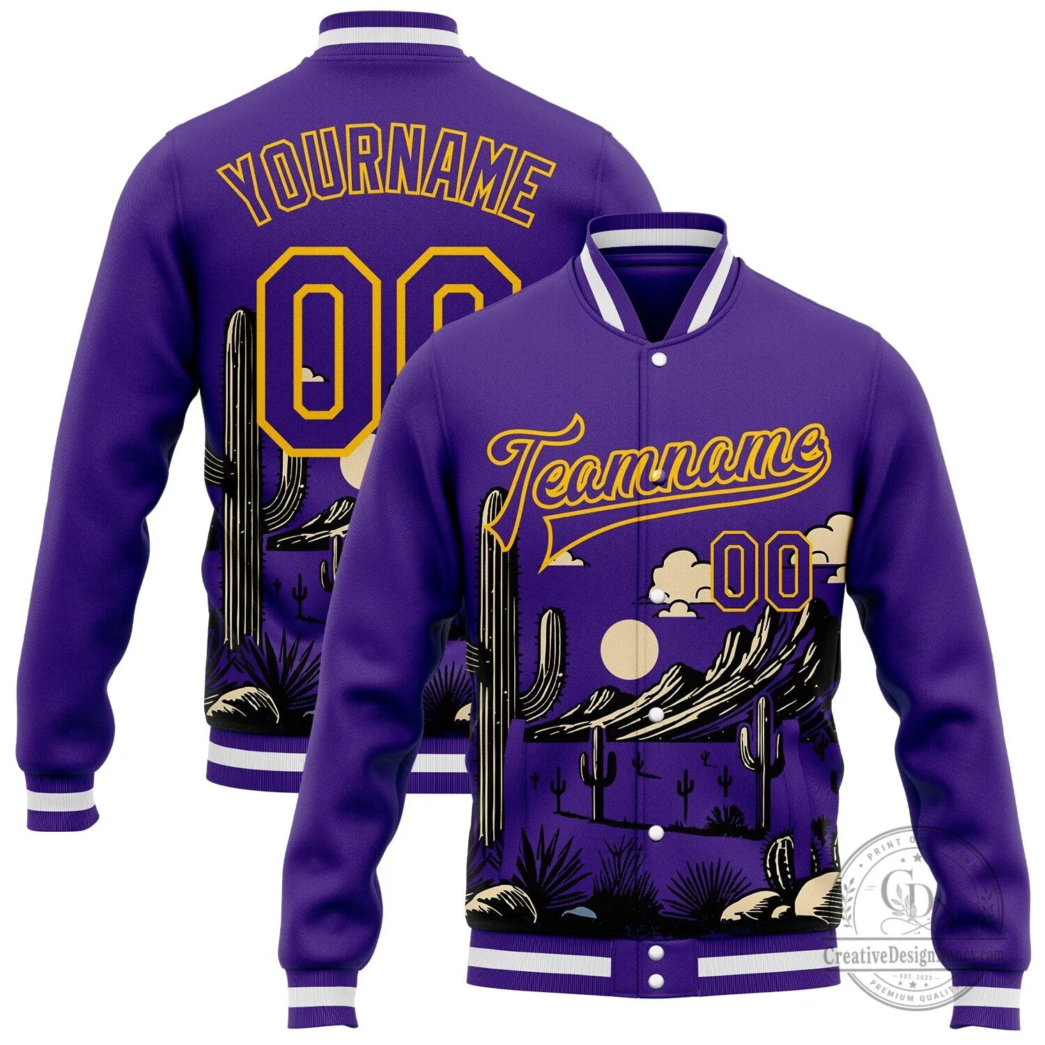 Custom Purple Gold White Arizona Western Cactus Bomber Full-Snap Varsity Letterman Jacket