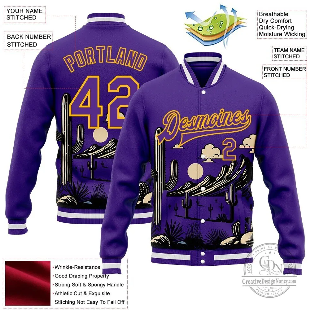 Custom Purple Gold White Arizona Western Cactus Bomber Full-Snap Varsity Letterman Jacket 9 Custom Purple Gold White Arizona Western Cactus Bomber Full-Snap Varsity Letterman Jacket