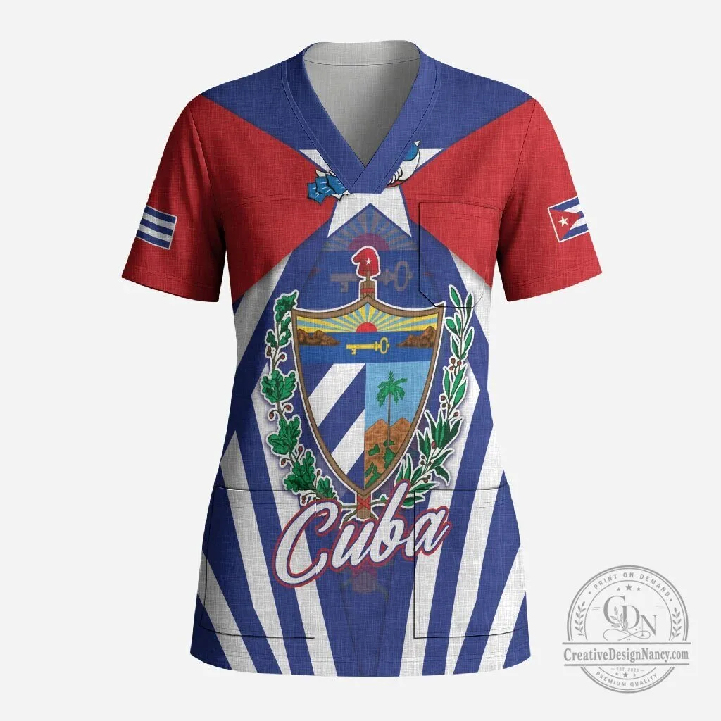 Cuban Flag Coat of Arms Patriotic V-Neck Scrub Top