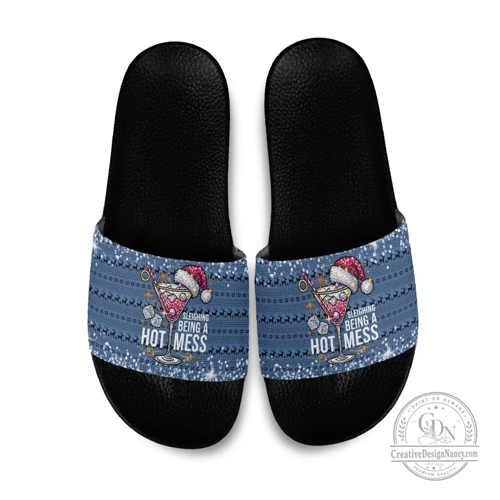 Sleighing Being A Hot Mess Christmas Cocktail Martini Glass Slide Sandals 6 Sleighing Being A Hot Mess Christmas Cocktail Martini Glass Slide Sandals