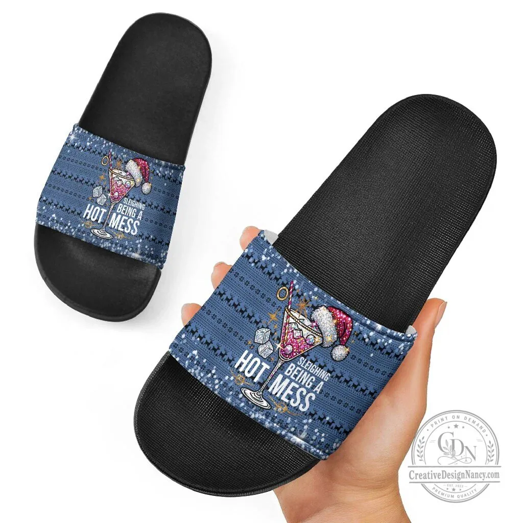 Sleighing Being A Hot Mess Christmas Cocktail Martini Glass Slide Sandals 7 Sleighing Being A Hot Mess Christmas Cocktail Martini Glass Slide Sandals