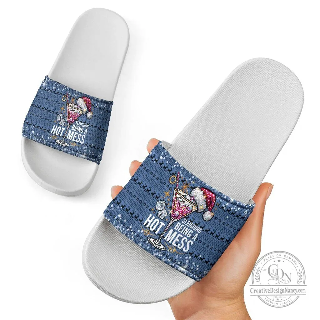 Sleighing Being A Hot Mess Christmas Cocktail Martini Glass Slide Sandals 9 Sleighing Being A Hot Mess Christmas Cocktail Martini Glass Slide Sandals