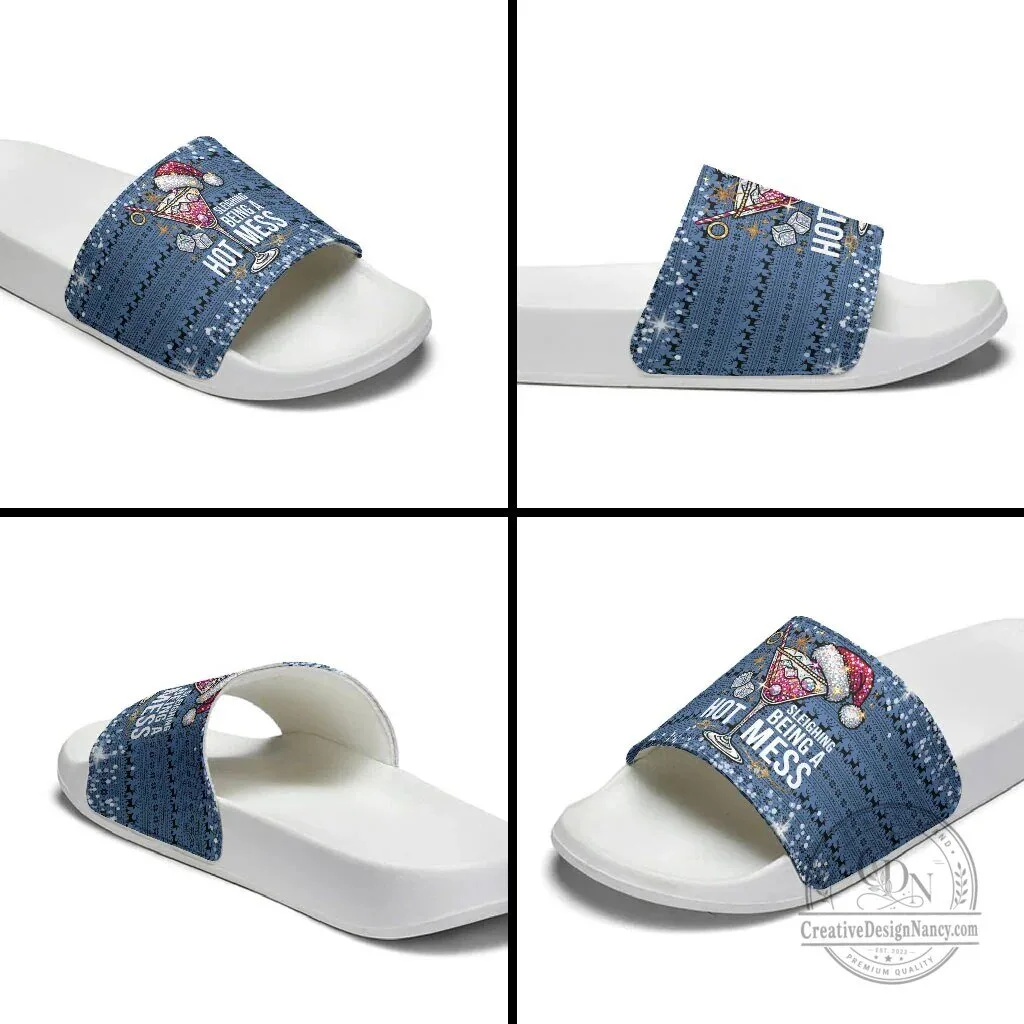 Sleighing Being A Hot Mess Christmas Cocktail Martini Glass Slide Sandals 11 Sleighing Being A Hot Mess Christmas Cocktail Martini Glass Slide Sandals