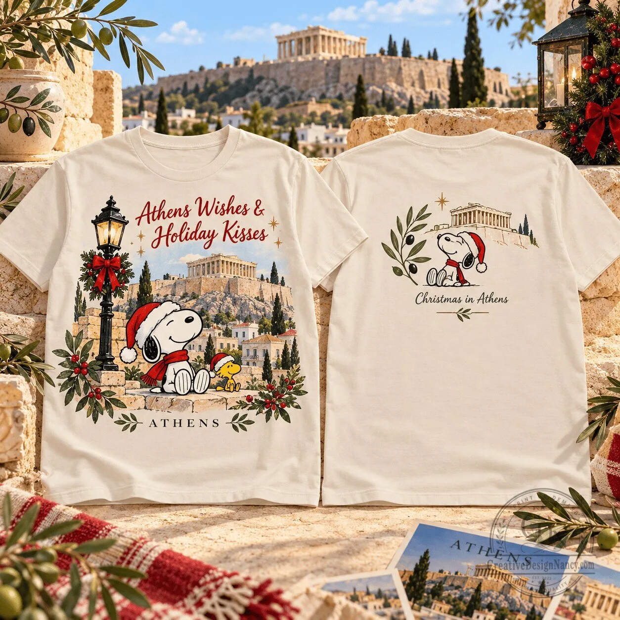 Snoopy Christmas in Athens Holiday Wishes T-Shirt