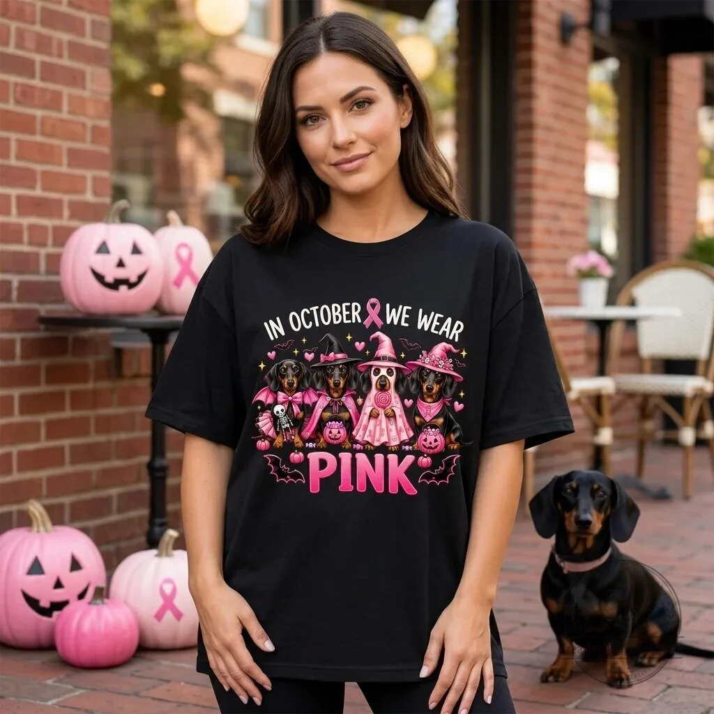 Breast Cancer Awareness Dachshund Halloween Pink Ribbon T-Shirt