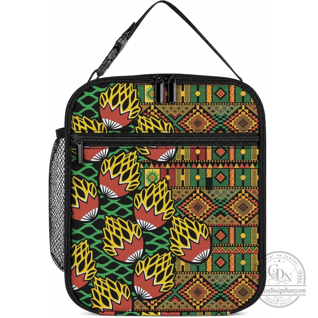 African Tribal Geometric Mixed Kanga Pattern Lunch Bag with Zipper Closure