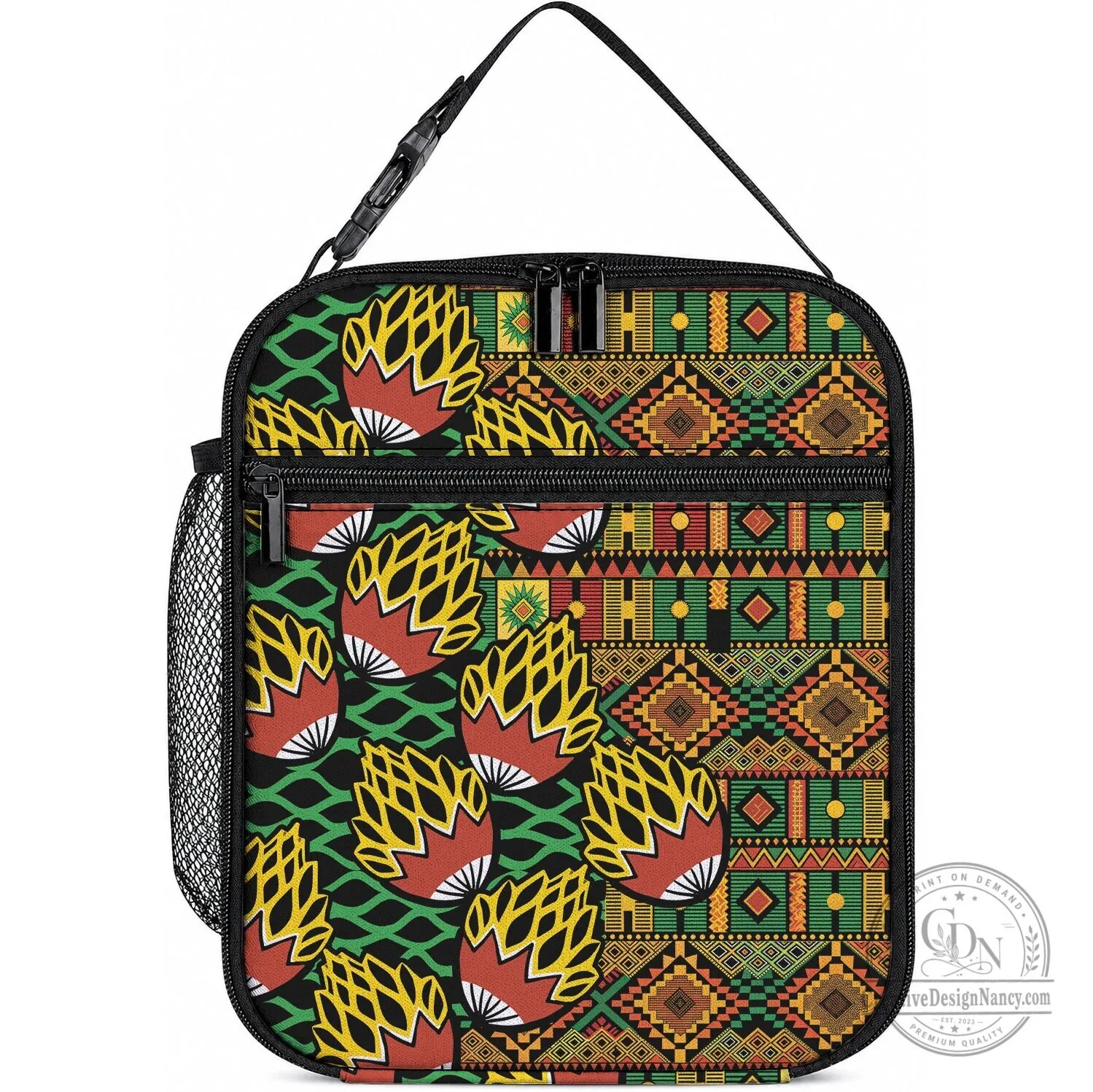 African Tribal Geometric Mixed Kanga Pattern Lunch Bag with Zipper Closure 3 African Tribal Geometric Mixed Kanga Pattern Lunch Bag with Zipper Closure