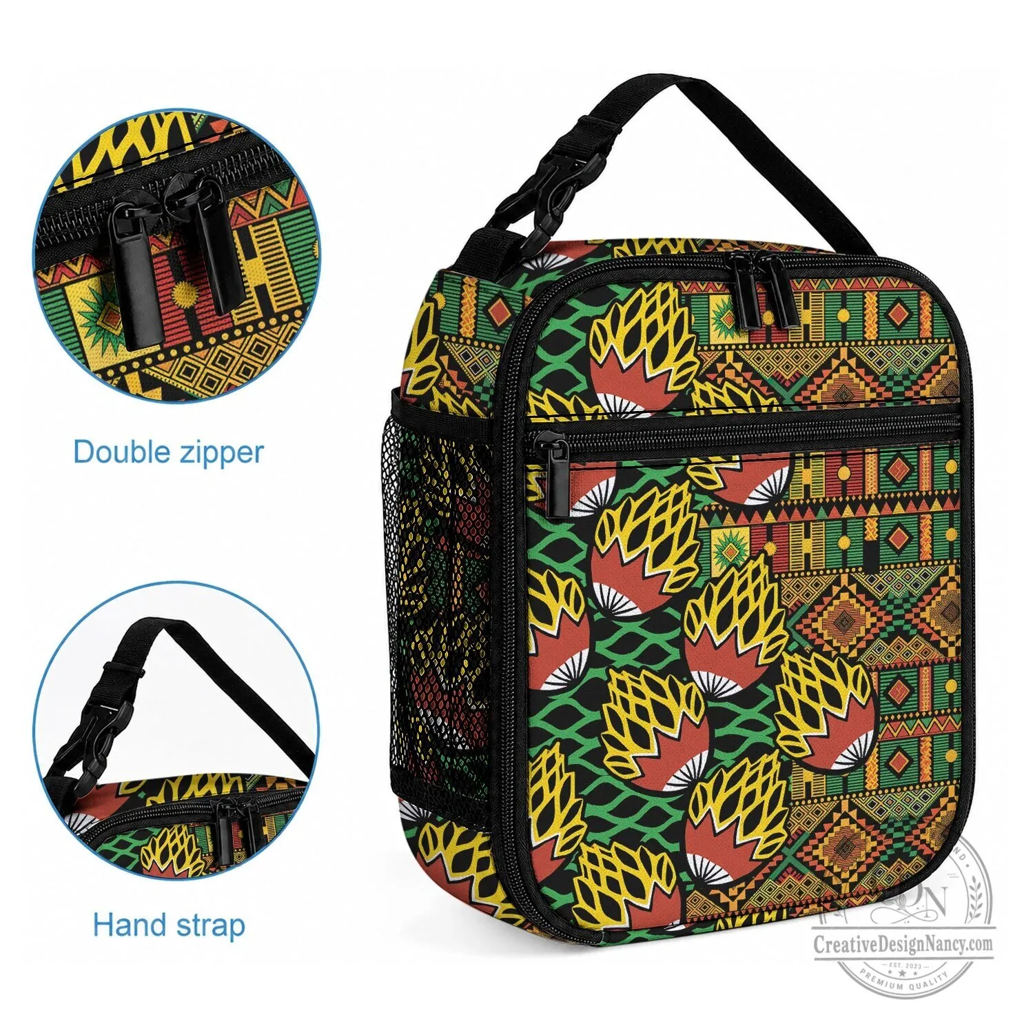 African Tribal Geometric Mixed Kanga Pattern Lunch Bag with Zipper Closure 4 African Tribal Geometric Mixed Kanga Pattern Lunch Bag with Zipper Closure