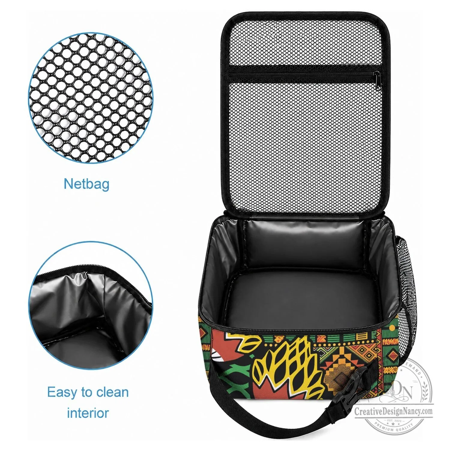 African Tribal Geometric Mixed Kanga Pattern Lunch Bag with Zipper Closure 5 African Tribal Geometric Mixed Kanga Pattern Lunch Bag with Zipper Closure
