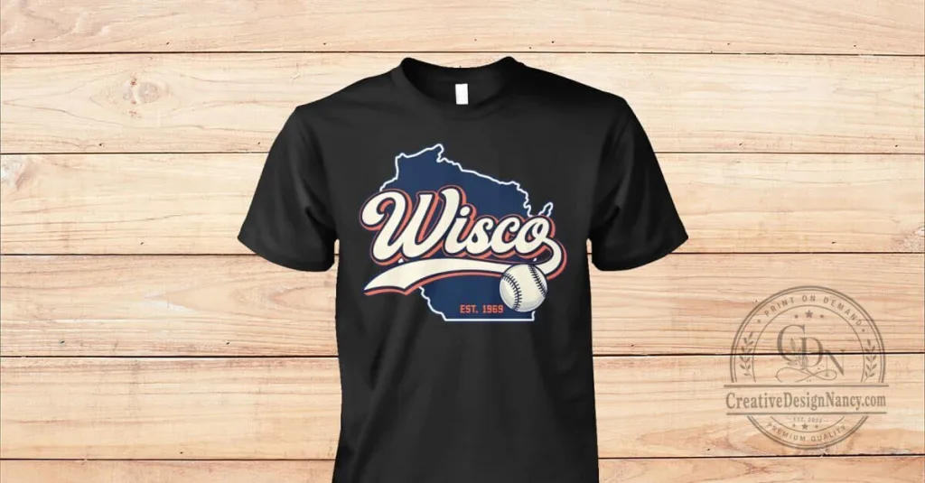 Wisconsin Baseball Fan T-Shirt, Vintage Wisco State Outline Graphic Tee Wisconsin Baseball Fan T-Shirt, Vintage Wisco State Outline Graphic Tee