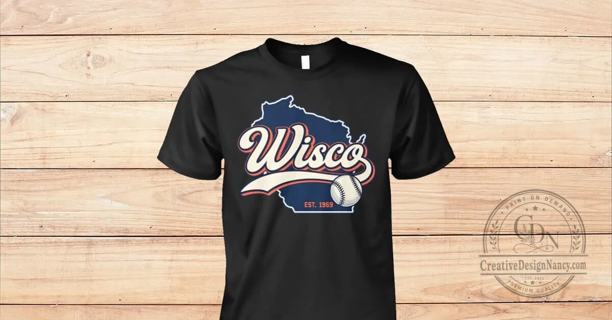 Wisconsin Baseball Fan T-Shirt, Vintage Wisco State Outline Graphic Tee