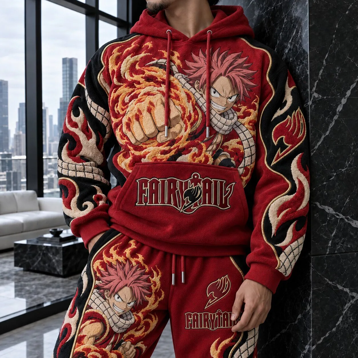 Embroidered Hoodie featuring Natsu Dragneel from Fairy Tail - Fire Dragon Slayer Design