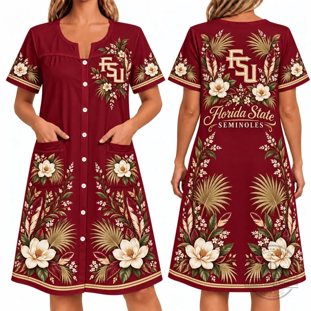 Florida State Seminoles Floral Button-Front Loungewear Dress for Women Florida State Seminoles Floral Button-Front Loungewear Dress for Women