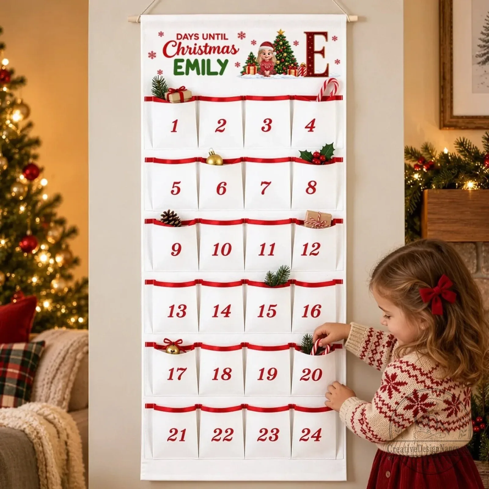 Personalized Christmas Countdown Fabric Advent Calendar with 24 Pockets