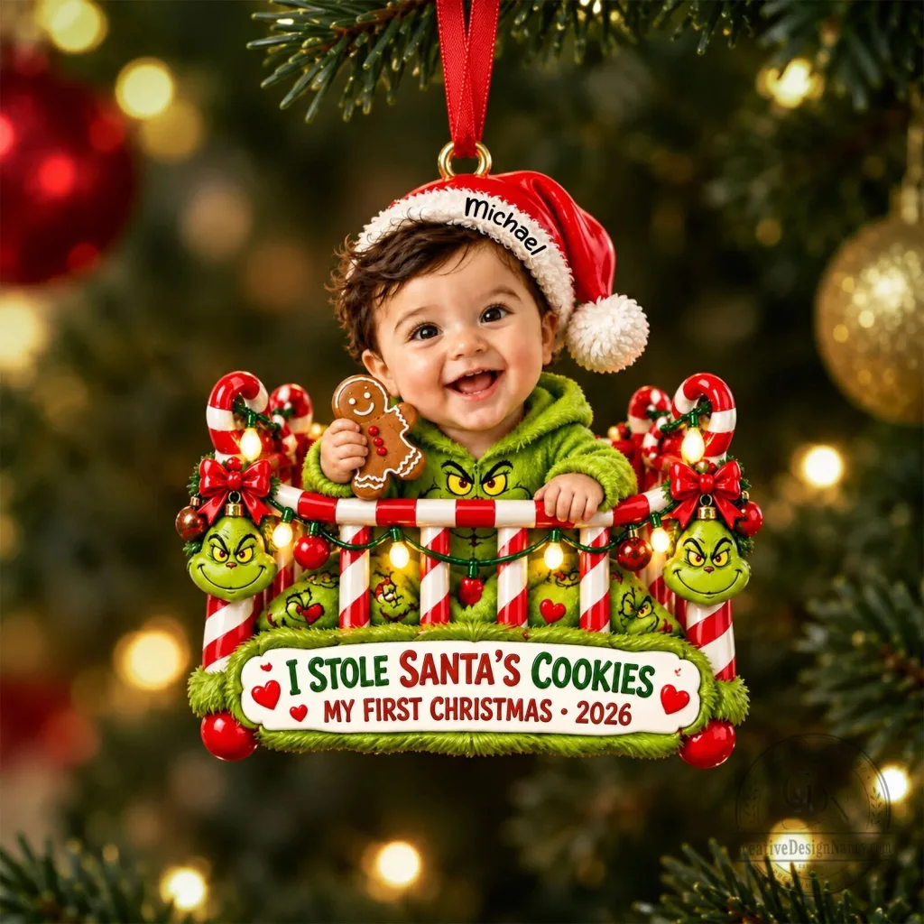 Personalized Baby's First Christmas Grinch Ornament with Custom Photo and Name Personalized Baby's First Christmas Grinch Ornament with Custom Photo and Name