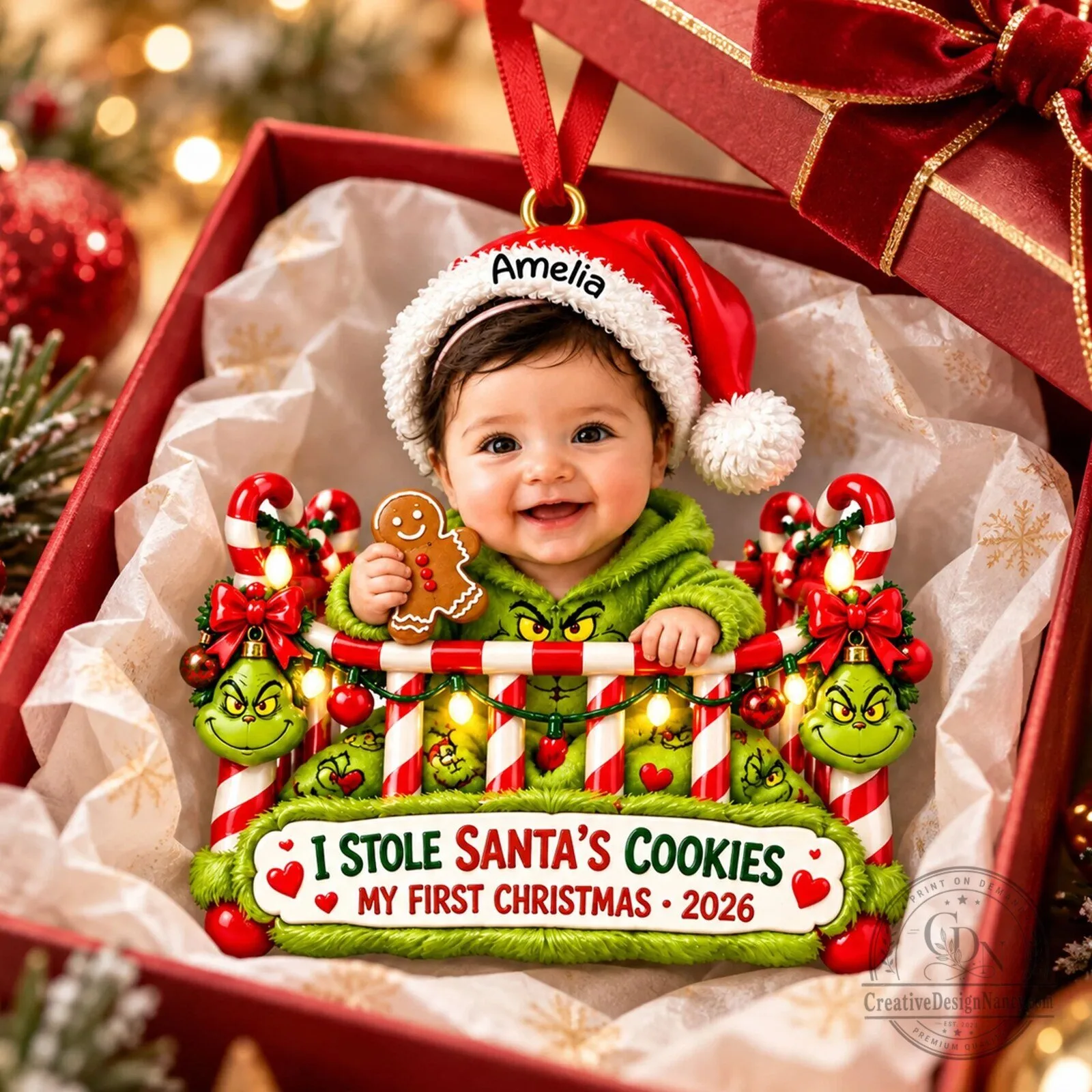 Personalized Baby's First Christmas Grinch Ornament with Custom Photo and Name 5 Personalized Baby