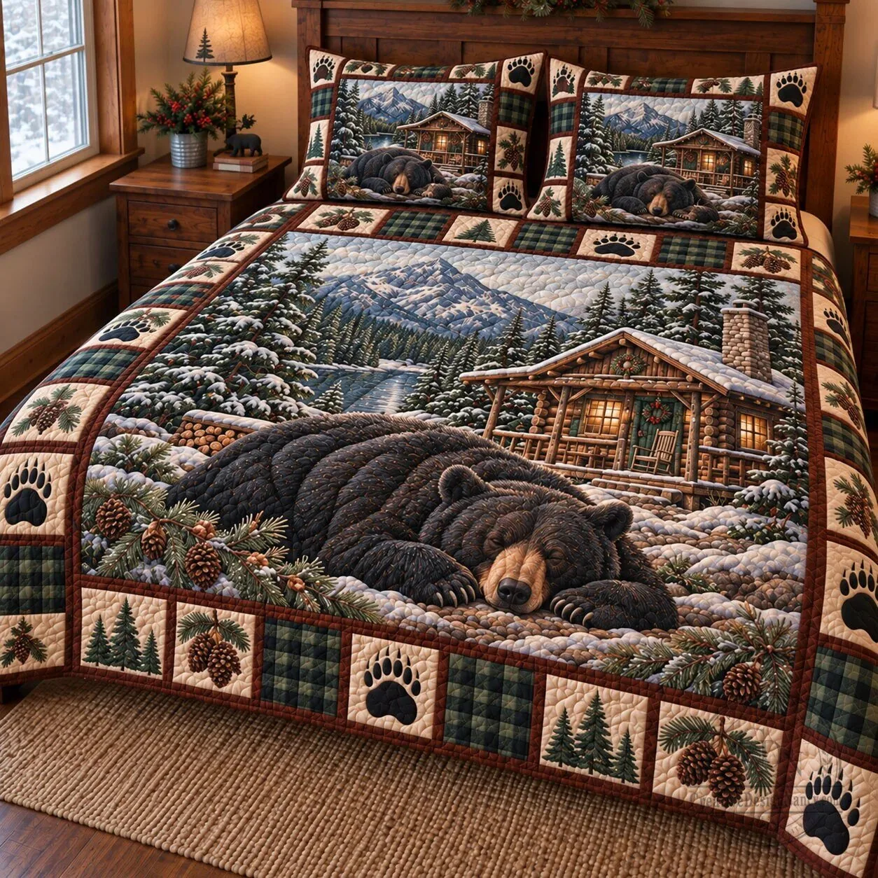 Rustic Black Bear Sleeping in Winter Forest Quilted Bedding Set 5 Rustic Black Bear Sleeping in Winter Forest Quilted Bedding Set