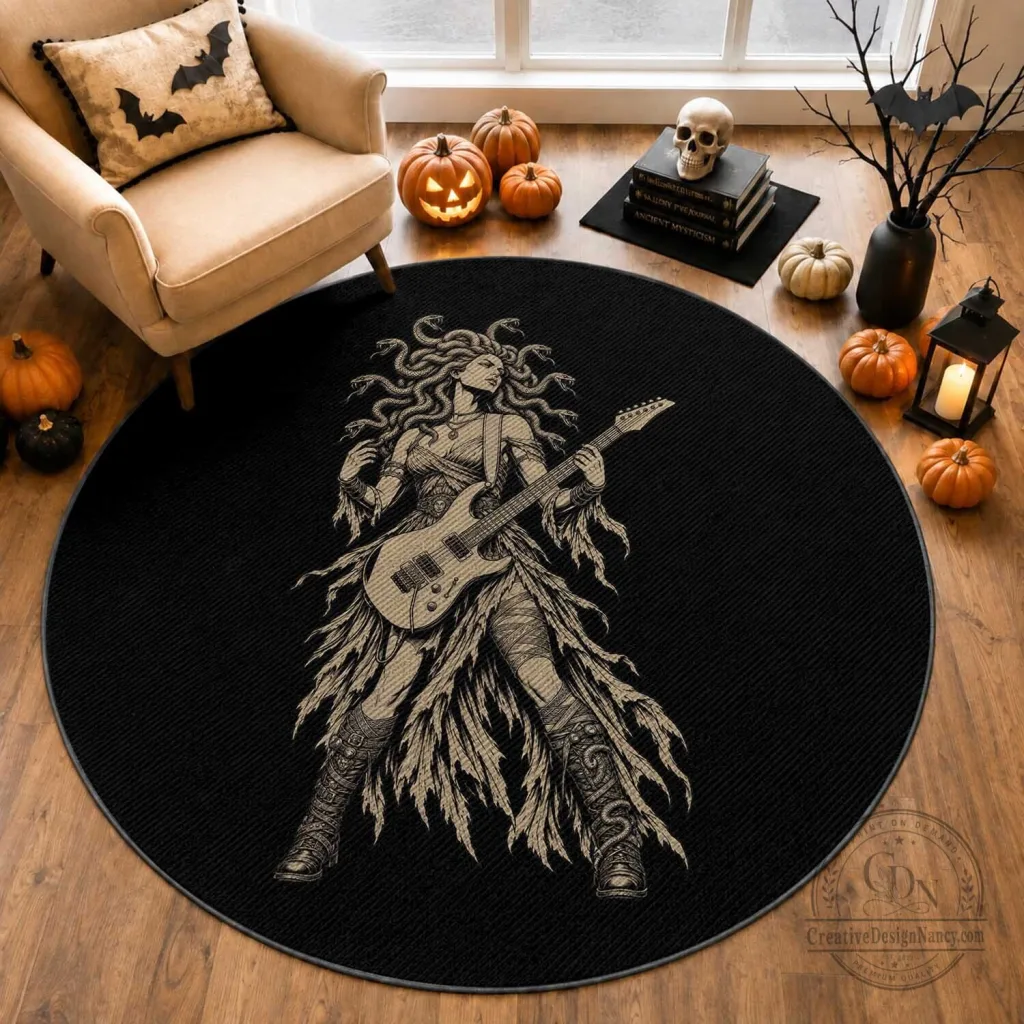 Gothic Medusa Guitarist Greek Mythology Round Rug Electric Guitar Metal Fantasy Gothic Medusa Guitarist Greek Mythology Round Rug Electric Guitar Metal Fantasy