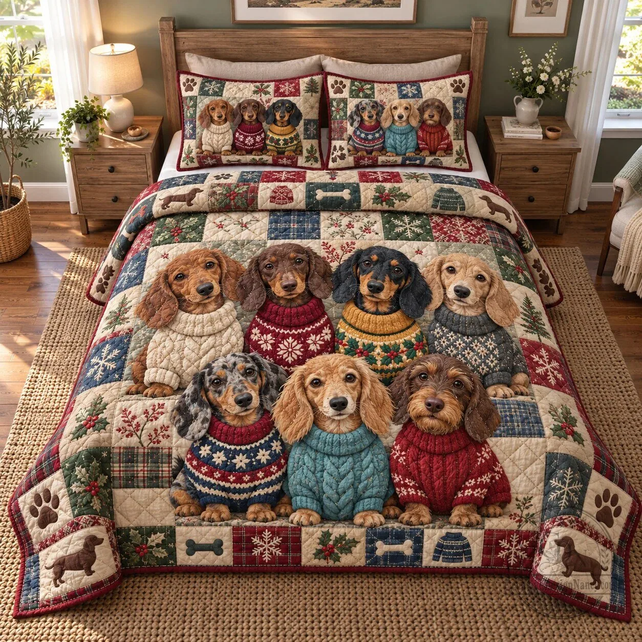 Winter Dachshund Dogs Wearing Sweaters Quilted Bedding Set with Pillow Shams