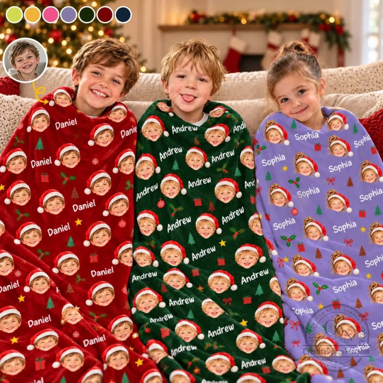 Personalized Kids Christmas Santa Face Photo and Name Custom Blanket