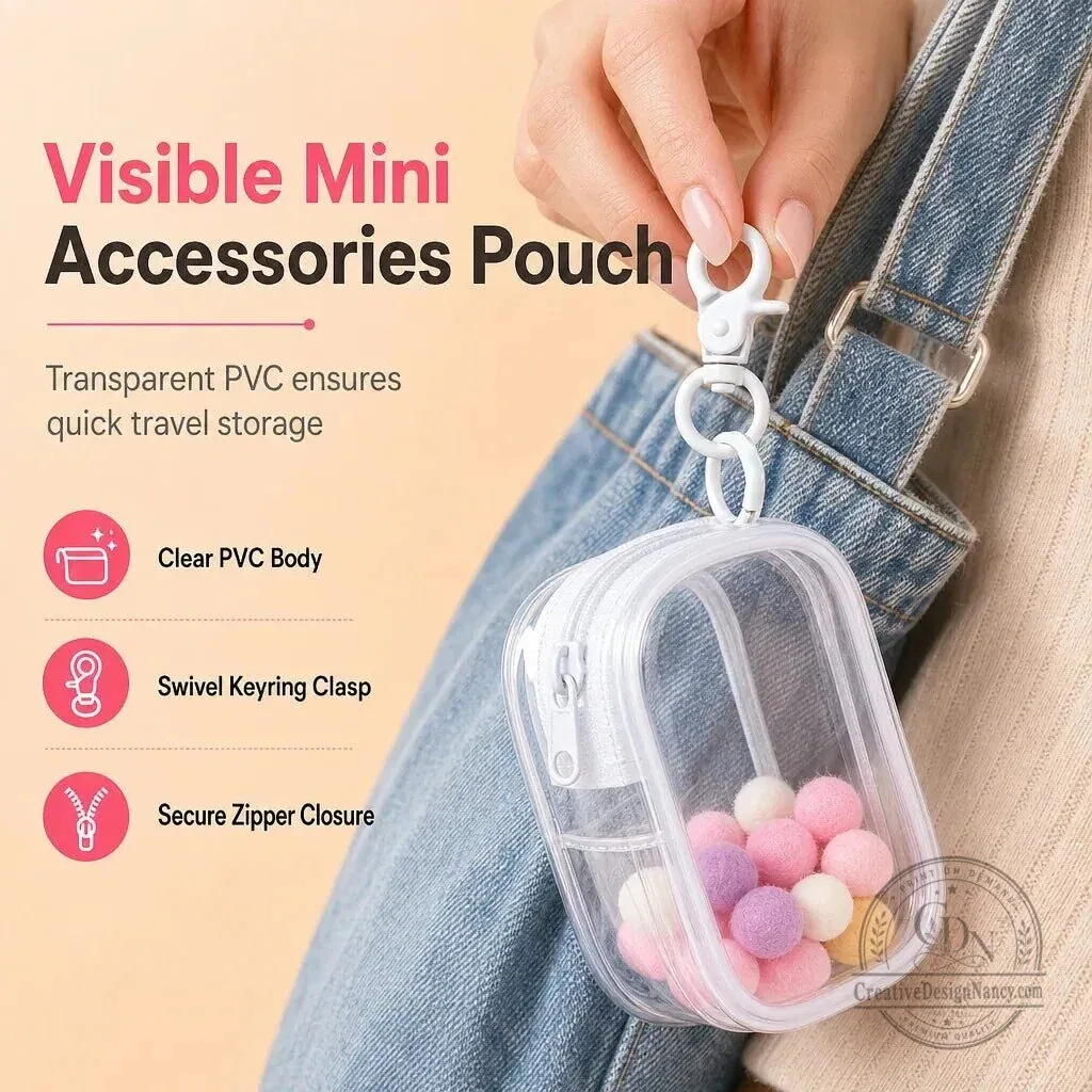 Visible Mini Accessories Pouch Clear PVC Body Swivel Keyring Clasp Zipper Closure