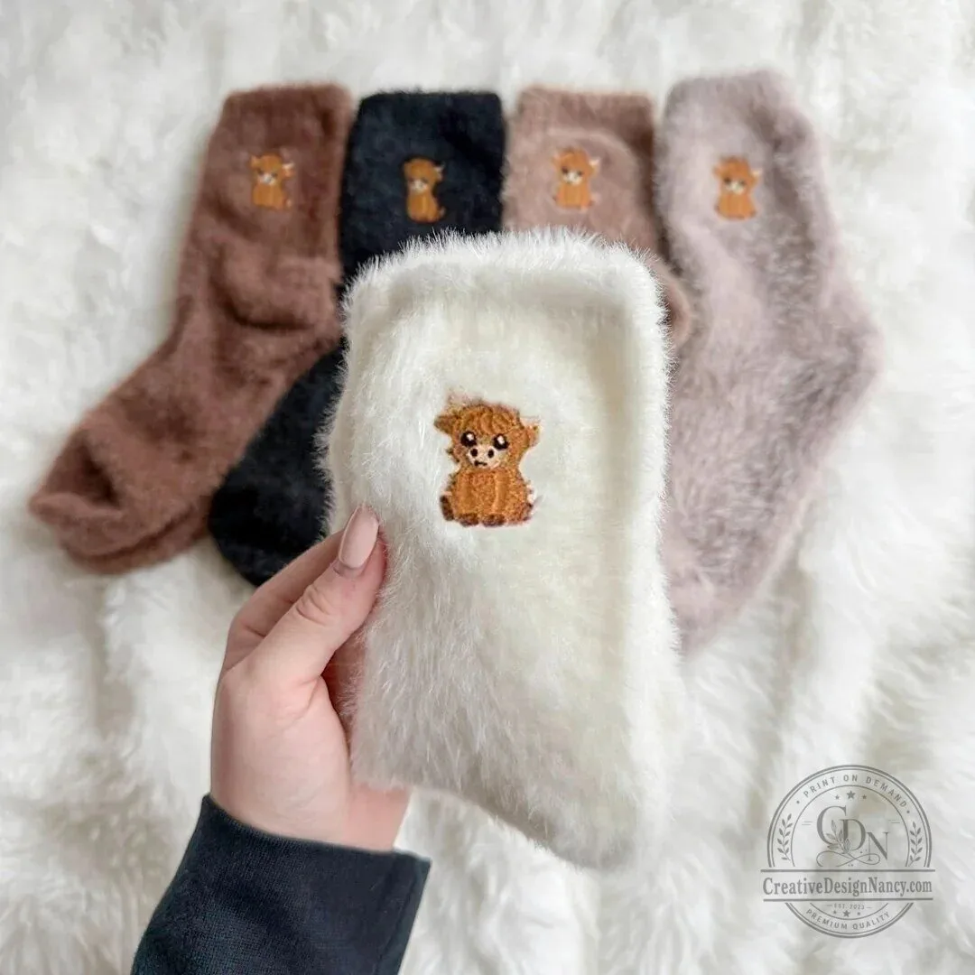 Highland Cow Embroidered Fluffy Crew Socks for Women and Men