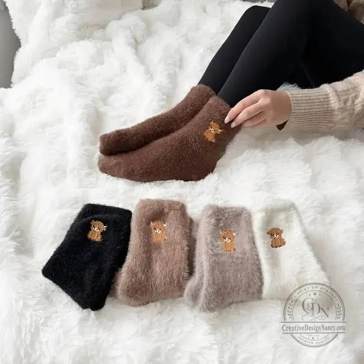 Highland Cow Embroidered Fluffy Crew Socks for Women and Men 14 Highland Cow Embroidered Fluffy Crew Socks for Women and Men