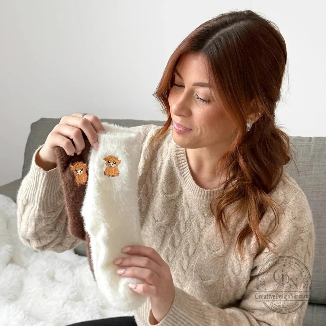 Highland Cow Embroidered Fluffy Crew Socks for Women and Men 15 Highland Cow Embroidered Fluffy Crew Socks for Women and Men