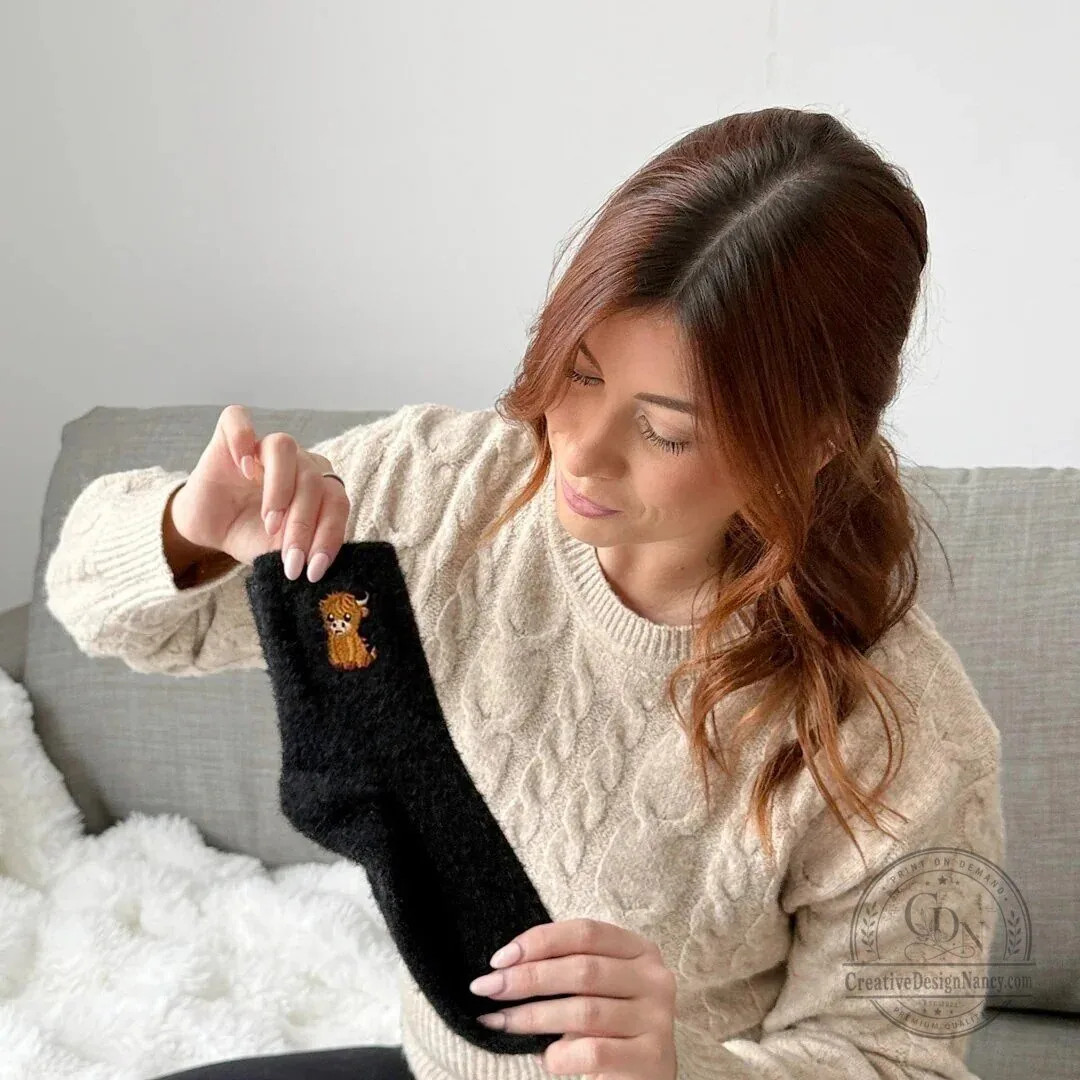 Highland Cow Embroidered Fluffy Crew Socks for Women and Men 16 Highland Cow Embroidered Fluffy Crew Socks for Women and Men