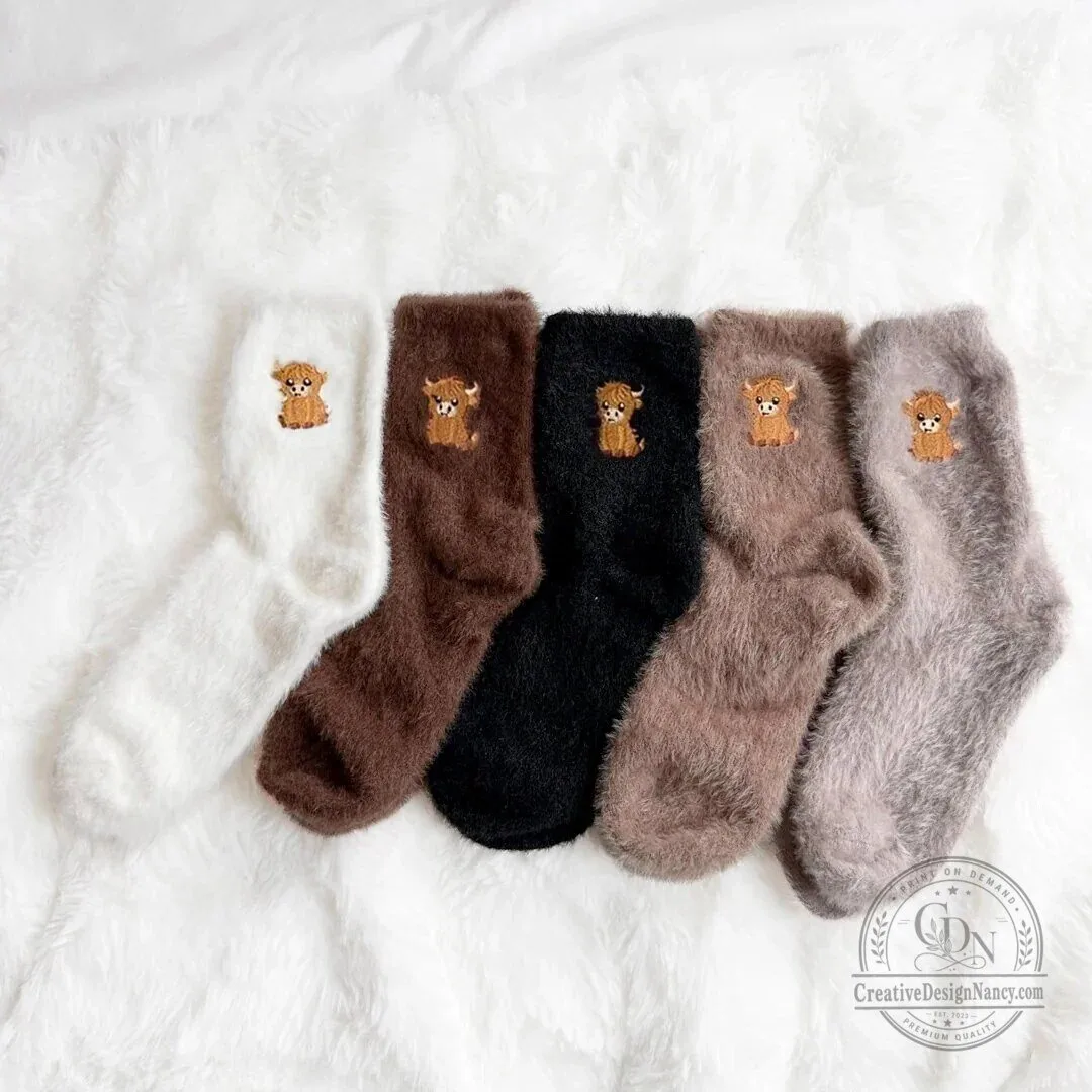 Highland Cow Embroidered Fluffy Crew Socks for Women and Men 18 Highland Cow Embroidered Fluffy Crew Socks for Women and Men