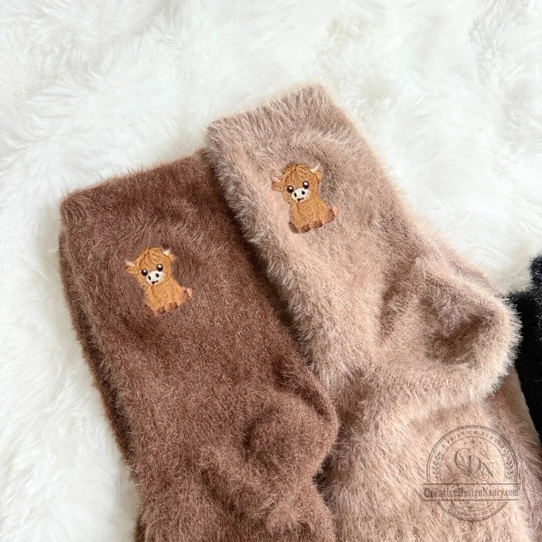 Highland Cow Embroidered Fluffy Crew Socks for Women and Men 19 Highland Cow Embroidered Fluffy Crew Socks for Women and Men