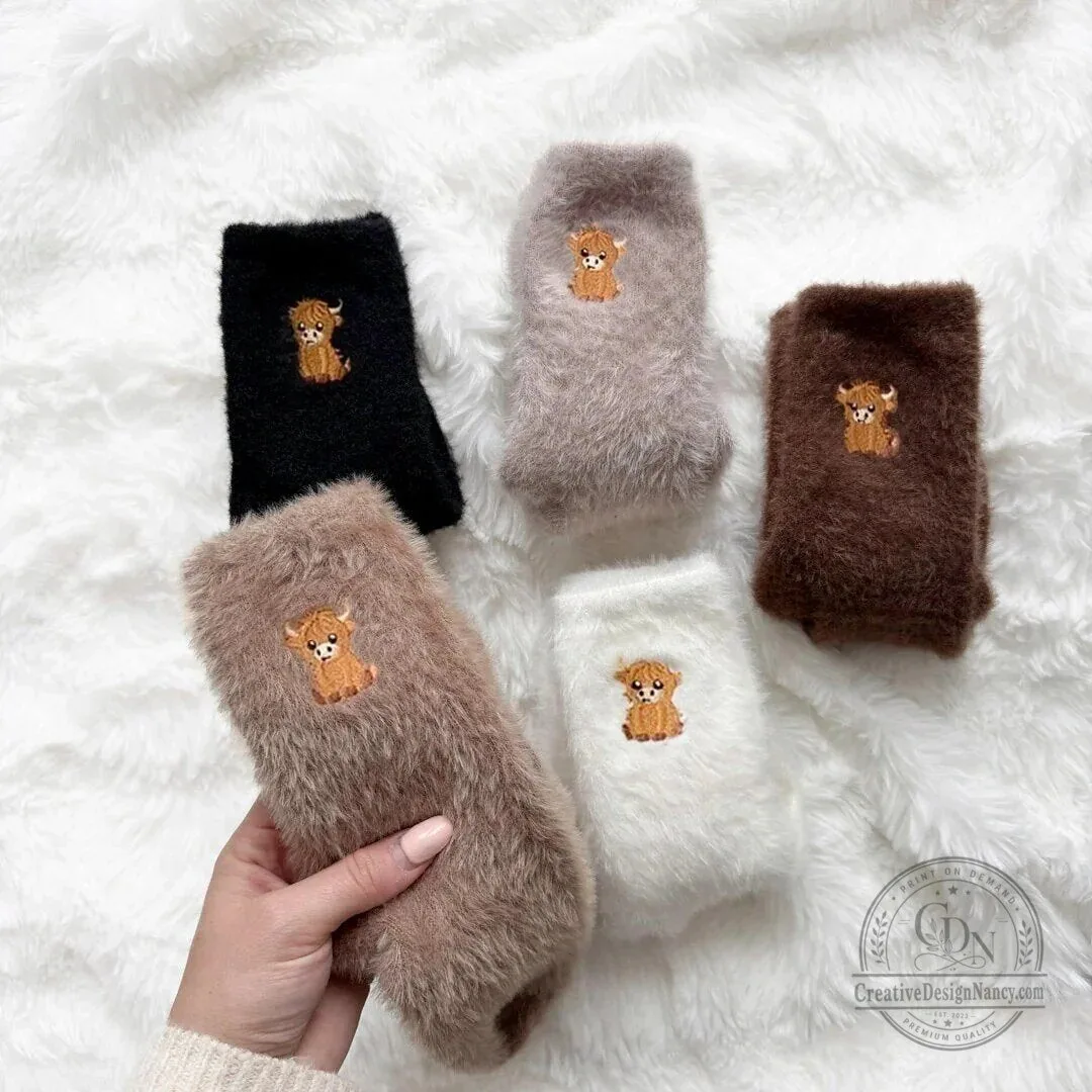 Highland Cow Embroidered Fluffy Crew Socks for Women and Men 20 Highland Cow Embroidered Fluffy Crew Socks for Women and Men
