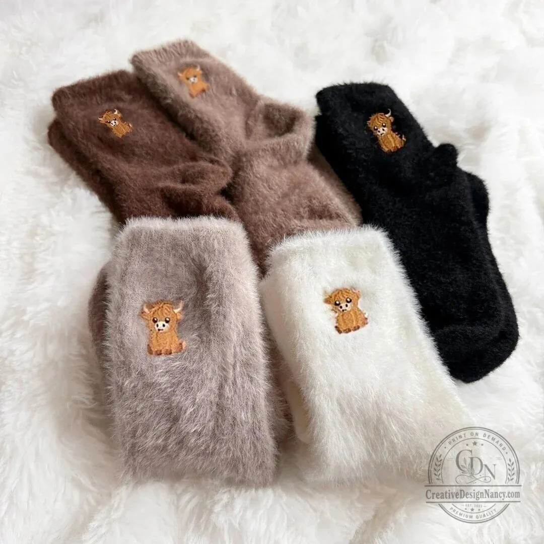 Highland Cow Embroidered Fluffy Crew Socks for Women and Men 21 Highland Cow Embroidered Fluffy Crew Socks for Women and Men