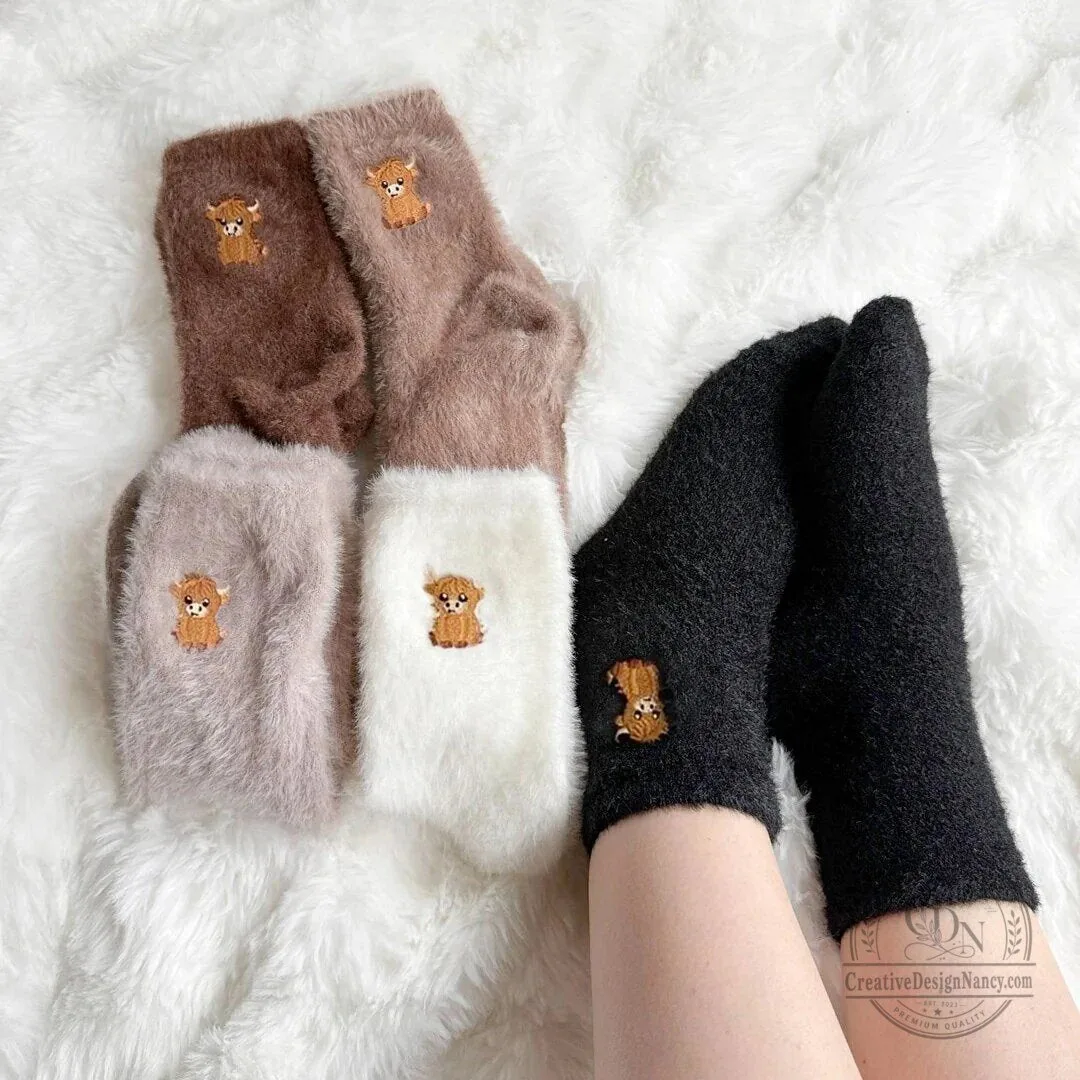 Highland Cow Embroidered Fluffy Crew Socks for Women and Men 22 Highland Cow Embroidered Fluffy Crew Socks for Women and Men