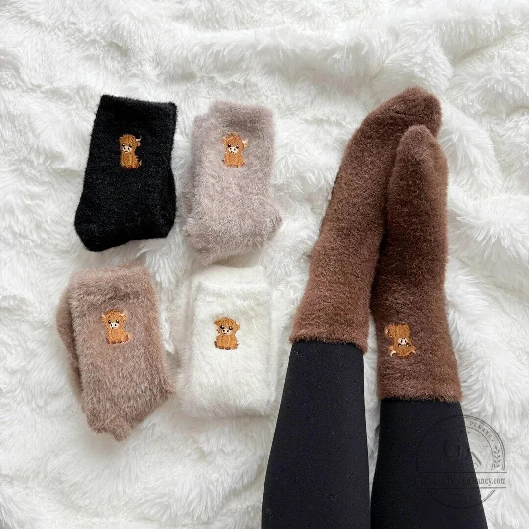 Highland Cow Embroidered Fluffy Crew Socks for Women and Men 23 Highland Cow Embroidered Fluffy Crew Socks for Women and Men