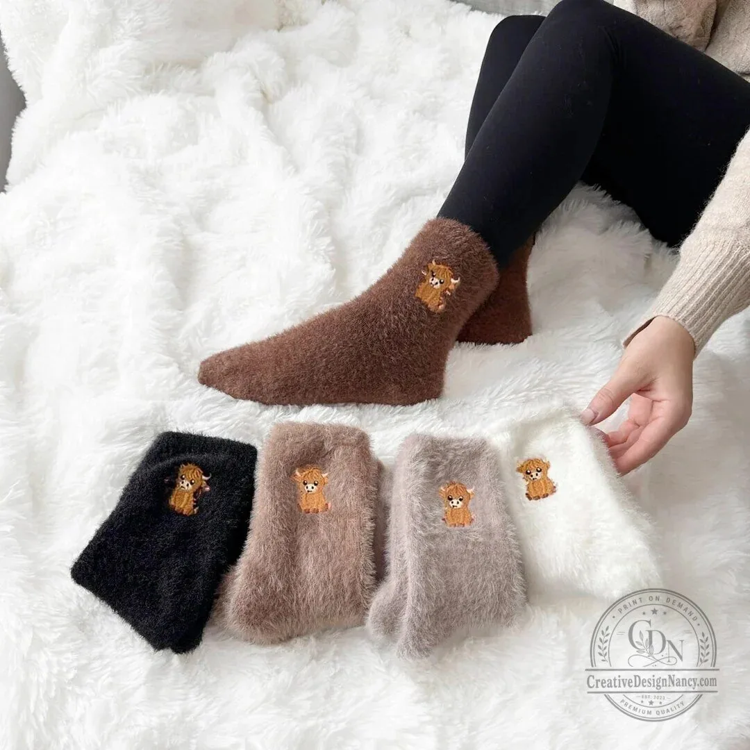 Highland Cow Embroidered Fluffy Crew Socks for Women and Men 24 Highland Cow Embroidered Fluffy Crew Socks for Women and Men