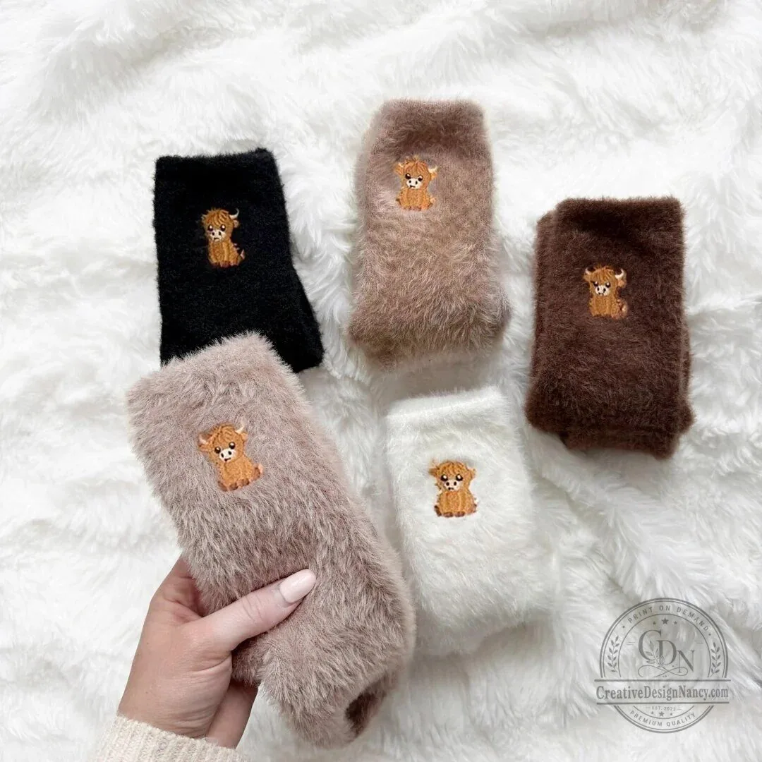 Highland Cow Embroidered Fluffy Crew Socks for Women and Men 25 Highland Cow Embroidered Fluffy Crew Socks for Women and Men