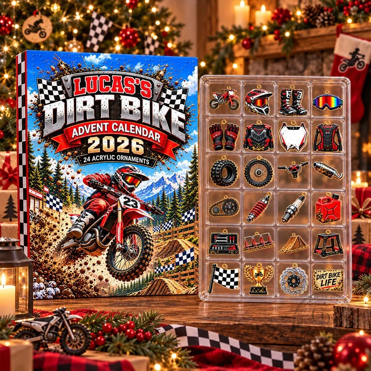 Personalized Dirt Bike Motocross Christmas Advent Calendar 2026 with 24 Ornaments 2D